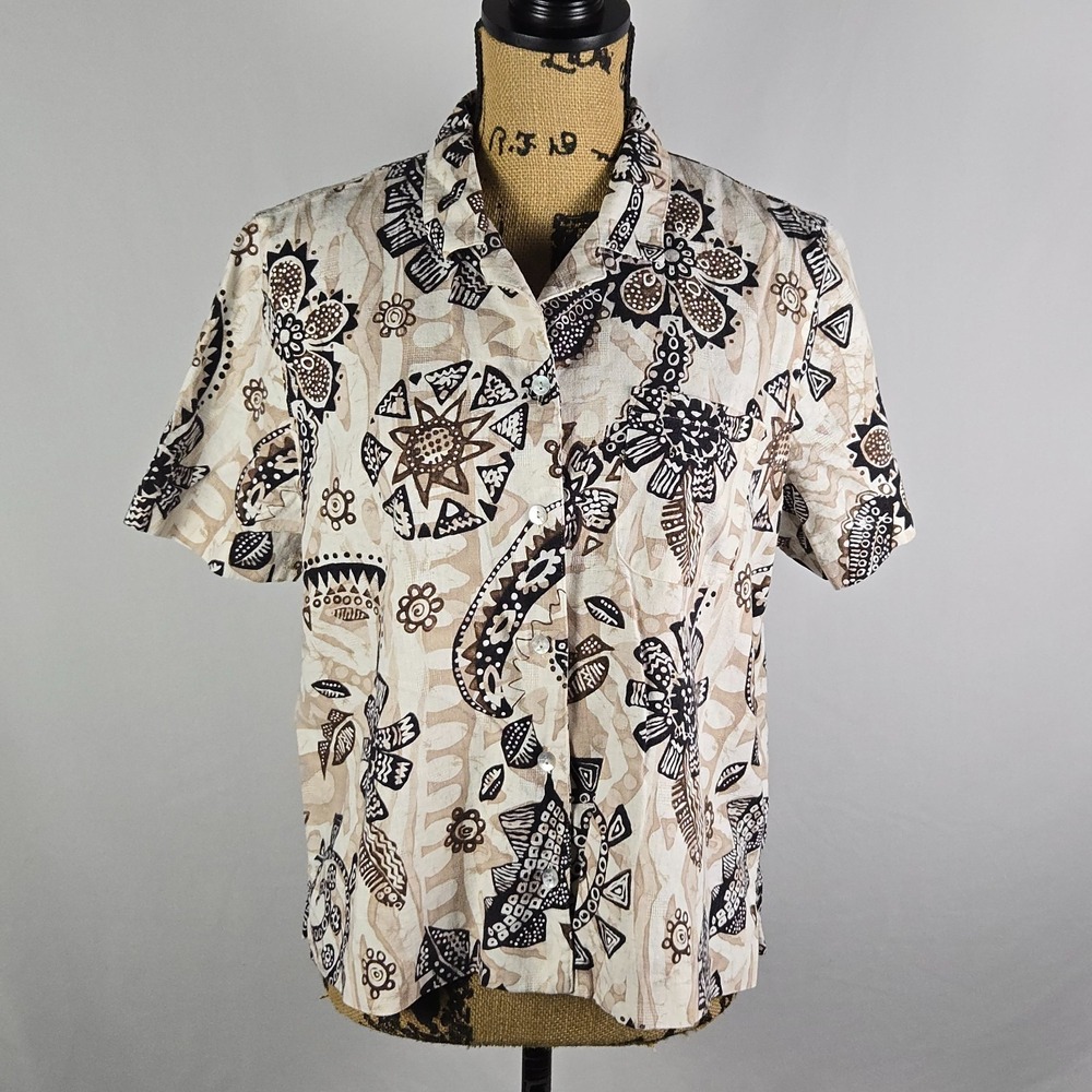 Alfred Dunner Womens 18P Linen‎ Blend Batik Print Shirt Tan Coastal Grandma Boho